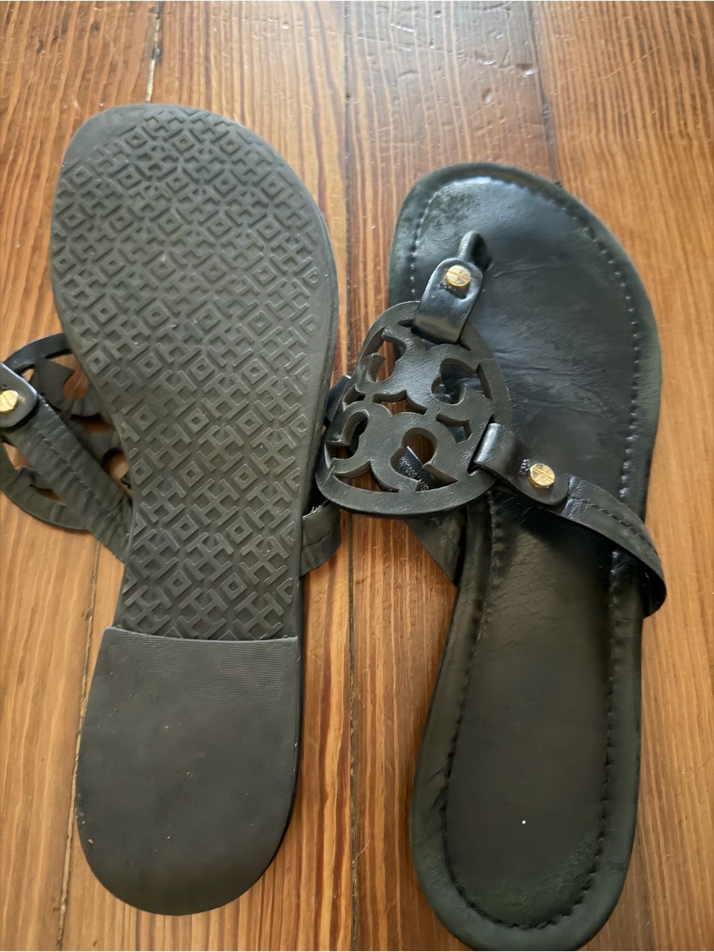 Tory Burch Black Leather Logo Thong Sandals